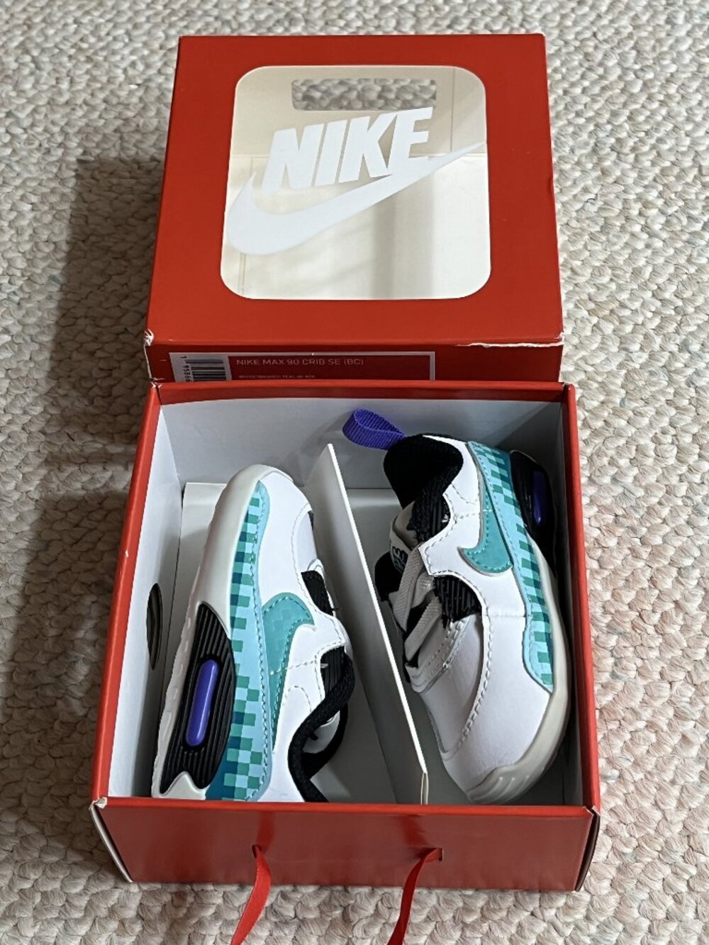 New Nike Max 90 Crib Baby Boy Size 3C White Teal Purple Shoes BOXED DJ8043-100